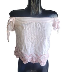Guess Pink and White Striped Off-Shoulder Top S